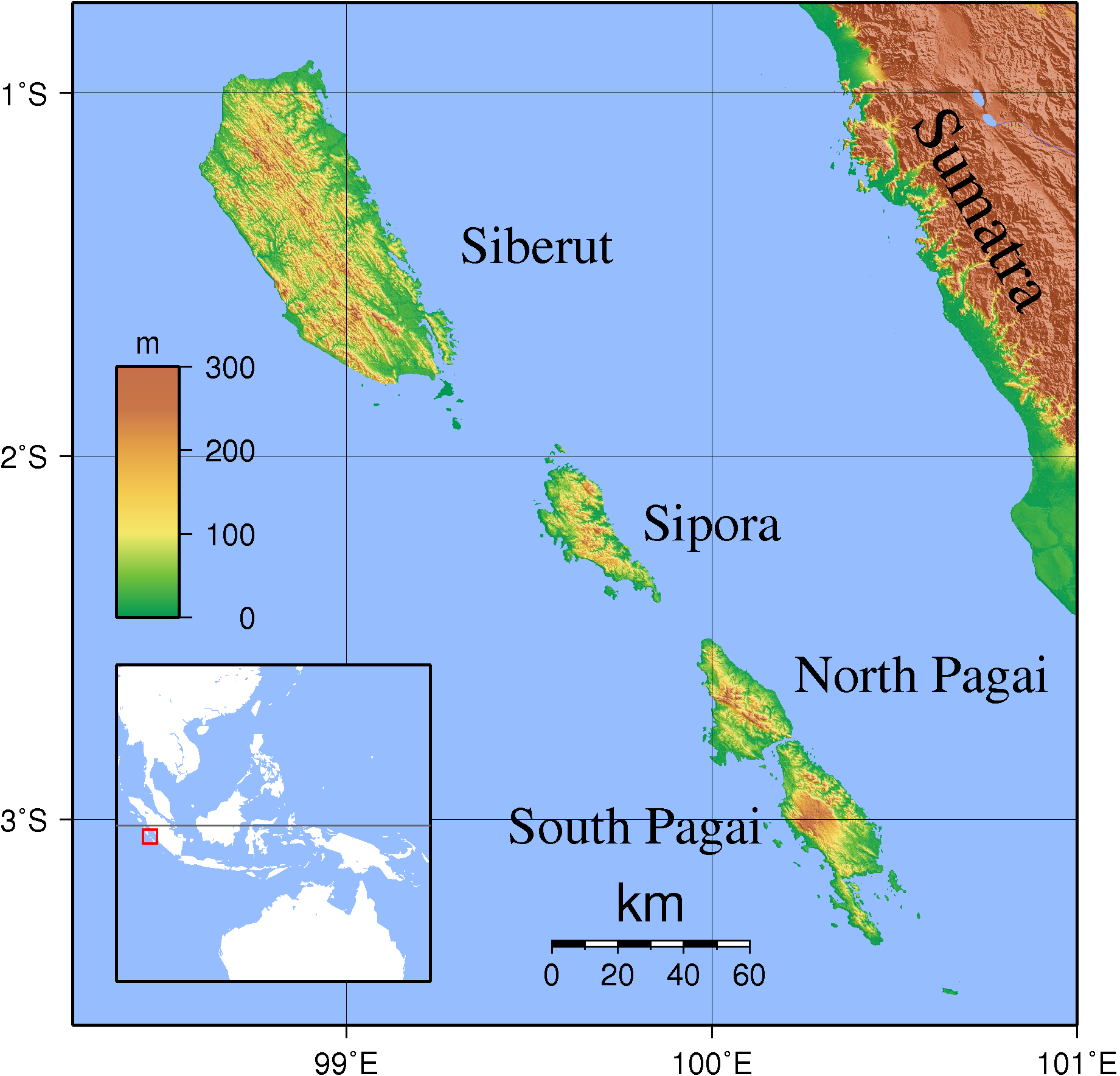 Peta topografi Kepulauan Mentawai: Siberut, Sipora, Pagai Utara, dan Pagai Selatan